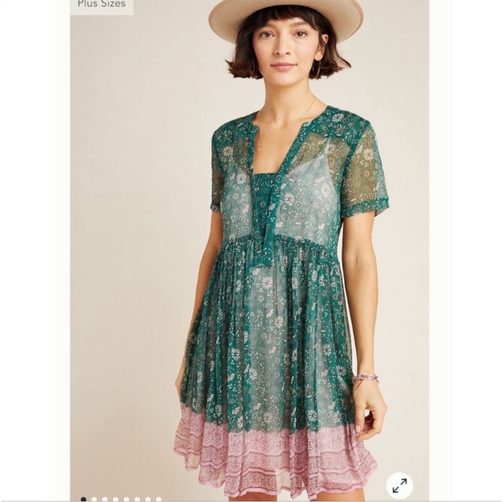 Anthropologie Maeve Adrian Dress Tunic Sheer with Slip Attached Size Small 💚🎀 - Picture 3 of 9